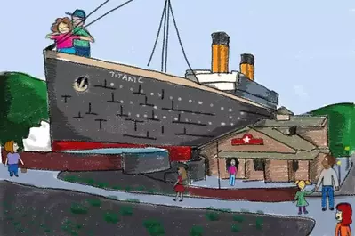 A couple recreating scenes from the 1997 movie at the Titanic Museum in Pigeon Forge.