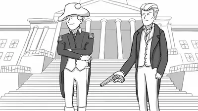 John Sevier and Andrew Jackson in front of a government building.