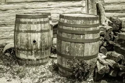Old water barrels outside of a log cabin.