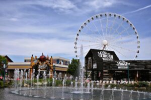 The Island Fountain in Pigeon Forge with the wheel in the backgound