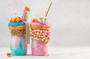 colorful milkshakes topped with donuts and candies