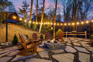 The fire pit area is a dreamy spot to share s'mores and scary stories!